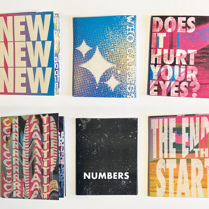 Six zines are set on a white background with three zines in the top row and three in the bottom. The zines are in a cyan, magenta, yellow, and black color palette. The backgrounds feature images of vintage computers with grunge textures and halftones with white text of the title on each zine.